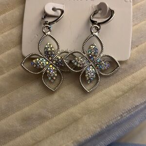 Crystal Flower Drop Earrings - Silver Tone